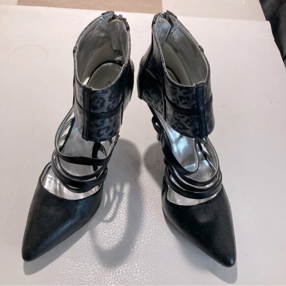 C LABEL Sz 9 Leopard Print Ankle Shaft Strappy Pointy Heeled Shooties - Picture 1 of 11